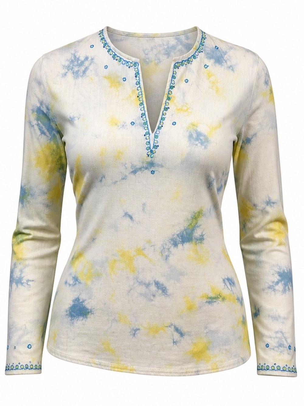 Tramp Tie-Dye Embroidered Notch Cotton Neck Top - Blue & Yellow